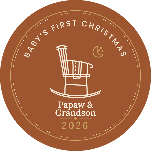 Round ornament reading Baby's First Christmas, Papaw and Grandson, 2026, with a rocking chair